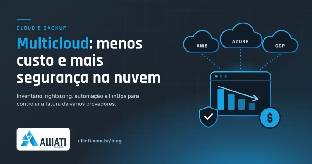 Estratégia multicloud: ilustração de nuvens AWS, Azure e GCP ligadas a um painel de custos em queda