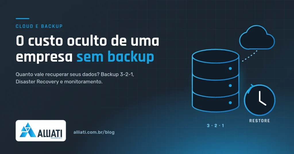 Backup empresarial: ilustração de banco de dados, nuvem e relógio de restauração