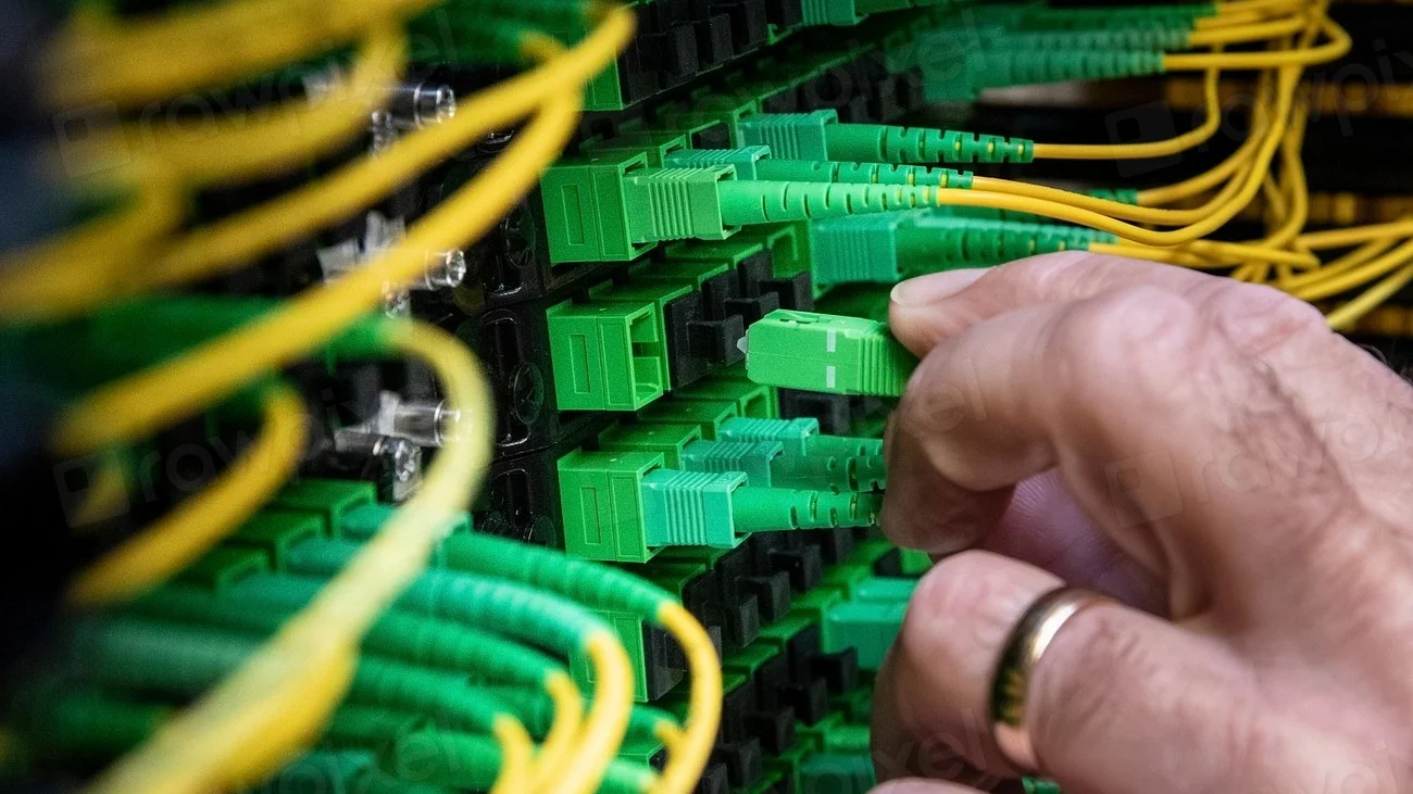 Cabos de rede conectados em switch de infraestrutura de TI