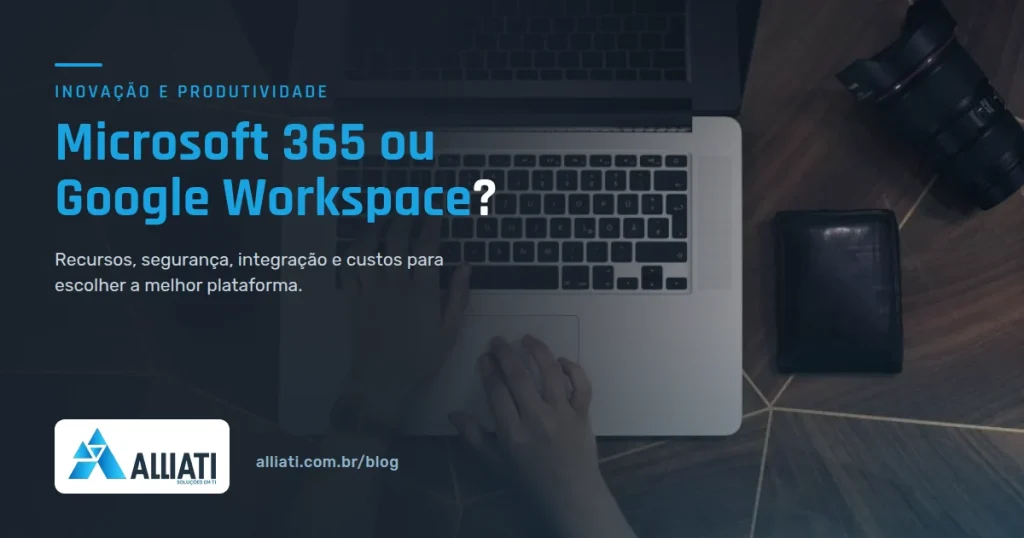 Microsoft 365 ou Google Workspace: profissional usando notebook no escritório