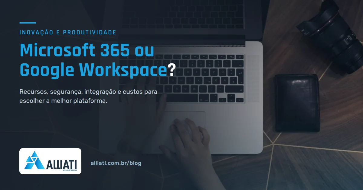 Microsoft 365 ou Google Workspace: profissional usando notebook no escritório