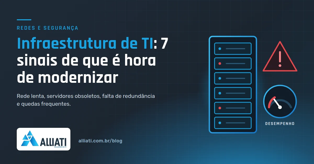 Infraestrutura de TI: ilustração de rack de servidores com alerta e indicador de desempenho