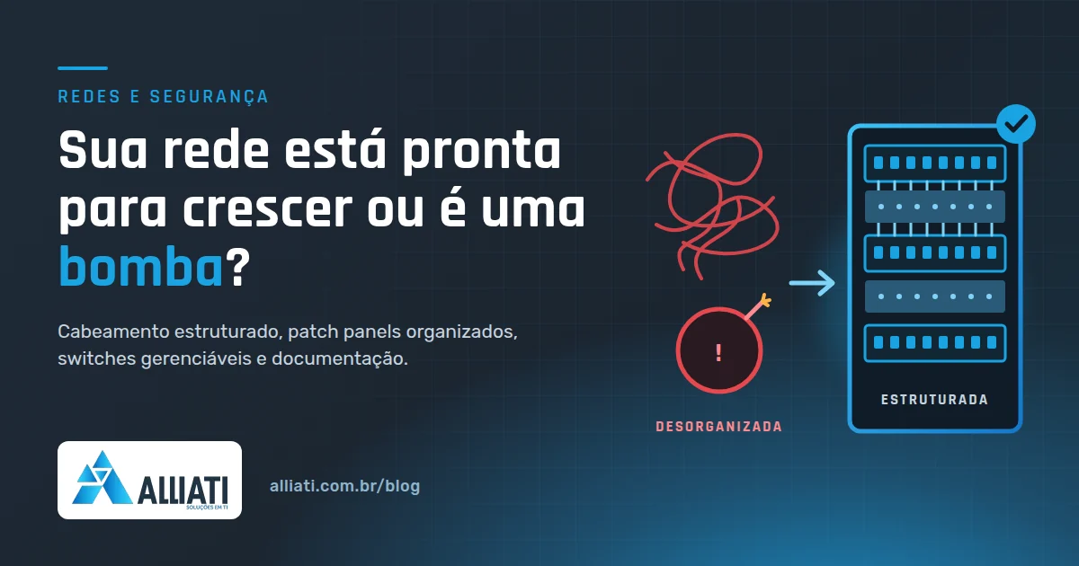 Cabeamento estruturado: ilustração de cabos desorganizados versus rack com patch panels organizados